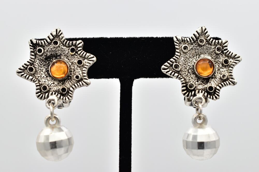 Vintage Silver Starburst Amber Cabochon Clip On Earrings Disco Ball Drop NOS 9C